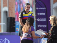 Gold medalist Sara Lopez of Colombia participates in the medal ceremony on the second day of the Tlaxcala 2024 Archery World Cup Final in Tl...