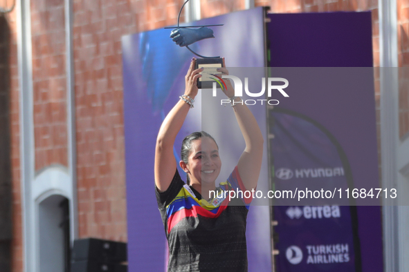 Gold medalist Sara Lopez of Colombia participates in the medal ceremony on the second day of the Tlaxcala 2024 Archery World Cup Final in Tl...