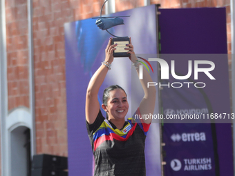 Gold medalist Sara Lopez of Colombia participates in the medal ceremony on the second day of the Tlaxcala 2024 Archery World Cup Final in Tl...