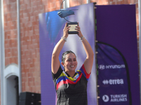 Gold medalist Sara Lopez of Colombia participates in the medal ceremony on the second day of the Tlaxcala 2024 Archery World Cup Final in Tl...