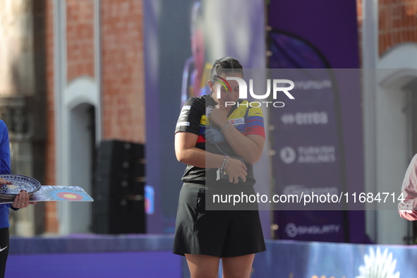 Gold medalist Sara Lopez of Colombia participates in the medal ceremony on the second day of the Tlaxcala 2024 Archery World Cup Final in Tl...