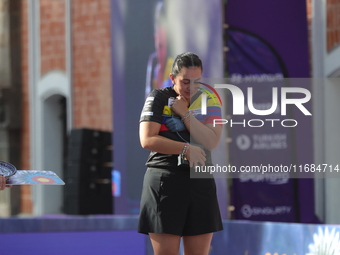 Gold medalist Sara Lopez of Colombia participates in the medal ceremony on the second day of the Tlaxcala 2024 Archery World Cup Final in Tl...