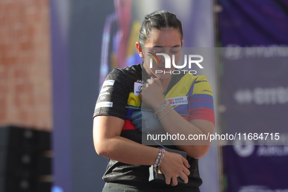 Gold medalist Sara Lopez of Colombia participates in the medal ceremony on the second day of the Tlaxcala 2024 Archery World Cup Final in Tl...