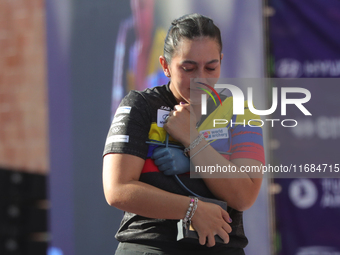 Gold medalist Sara Lopez of Colombia participates in the medal ceremony on the second day of the Tlaxcala 2024 Archery World Cup Final in Tl...