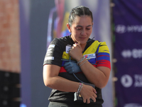 Gold medalist Sara Lopez of Colombia participates in the medal ceremony on the second day of the Tlaxcala 2024 Archery World Cup Final in Tl...