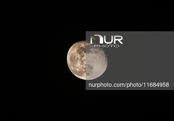 The waning gibbous moon rises in the evening sky, visible through the forest to the southwest at Tehatta, West Bengal, India, on Sunday, Oct...