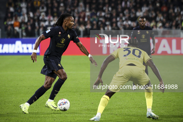 Juventus midfielder Khephren Thuram (19) fights for the ball against Lazio defender Nuno Tavares (30) during the Serie A football match numb...