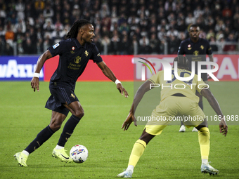 Juventus midfielder Khephren Thuram (19) fights for the ball against Lazio defender Nuno Tavares (30) during the Serie A football match numb...