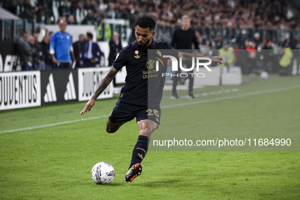 Juventus midfielder Douglas Luiz (26) shoots the ball during the Serie A football match number 8, Juventus versus Lazio, at the Allianz Stad...