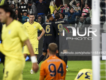 Juventus forward Dusan Vlahovic (9) and Juventus defender Danilo (6) celebrate after scoring the goal to make it 1-0 during the Serie A foot...