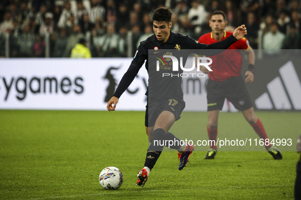 Juventus midfielder Vasilije Adzic (17) shoots the ball during the Serie A football match number 8, Juventus versus Lazio, at the Allianz St...