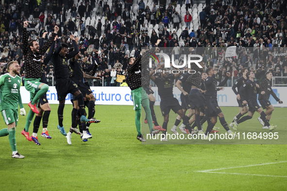 Juventus players celebrate victory after the Serie A football match number 8, Juventus vs. Lazio, at the Allianz Stadium in Turin, Piedmont,...