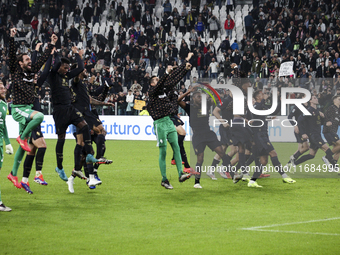 Juventus players celebrate victory after the Serie A football match number 8, Juventus vs. Lazio, at the Allianz Stadium in Turin, Piedmont,...