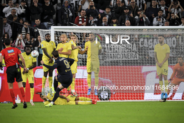 Juventus forward Dusan Vlahovic (9) takes a free kick during the Serie A football match number 8 between Juventus and Lazio at the Allianz S...