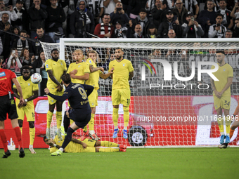 Juventus forward Dusan Vlahovic (9) takes a free kick during the Serie A football match number 8 between Juventus and Lazio at the Allianz S...