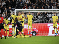 Juventus forward Dusan Vlahovic (9) takes a free kick during the Serie A football match number 8 between Juventus and Lazio at the Allianz S...