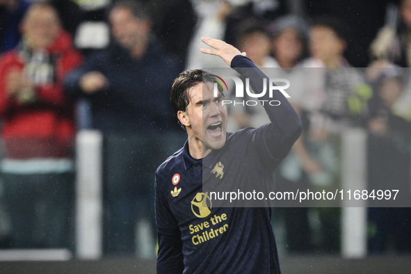 Juventus forward Dusan Vlahovic (9) celebrates during the Serie A football match number 8 between Juventus and Lazio at the Allianz Stadium...