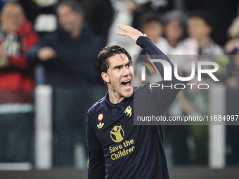 Juventus forward Dusan Vlahovic (9) celebrates during the Serie A football match number 8 between Juventus and Lazio at the Allianz Stadium...