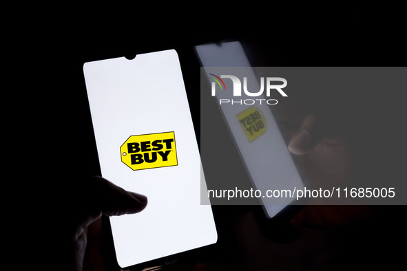 The Best Buy logo displays on a smartphone screen in Athens, Greece, on October 20, 2024. 