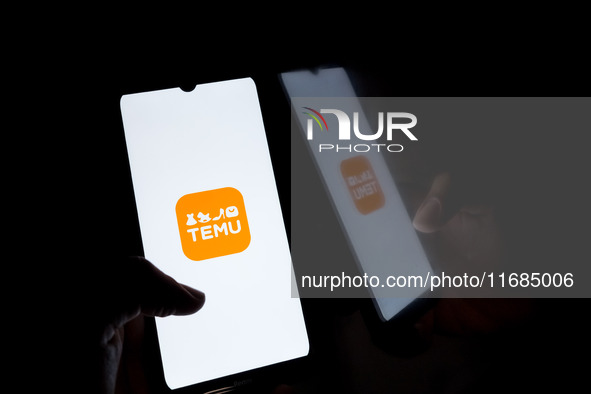 The Temu logo displays on a smartphone screen in Athens, Greece, on October 20, 2024. 