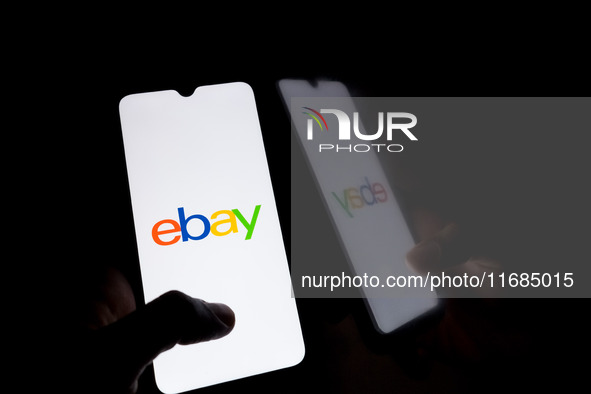 The eBay logo displays on a smartphone screen in Athens, Greece, on October 20, 2024. 