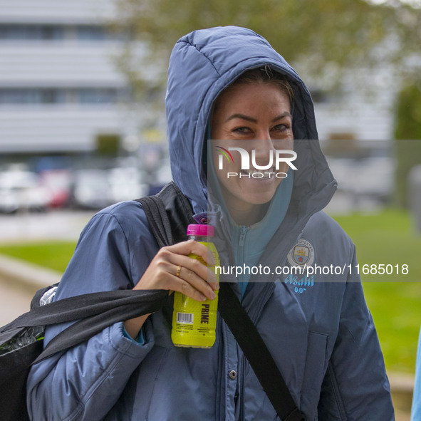 Alanna Kennedy #14 of Manchester City W.F.C. arrives at the Joie Stadium during the Barclays FA Women's Super League match between Mancheste...