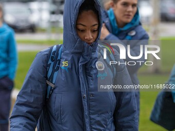 Khiara Keating #35 (GK) of Manchester City W.F.C. arrives at the Joie Stadium during the Barclays FA Women's Super League match between Manc...