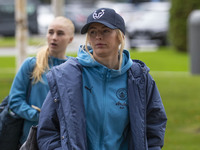 Chloe Kelly #9 of Manchester City W.F.C. arrives at the Joie Stadium in Manchester, England, on October 20, 2024, during the Barclays FA Wom...