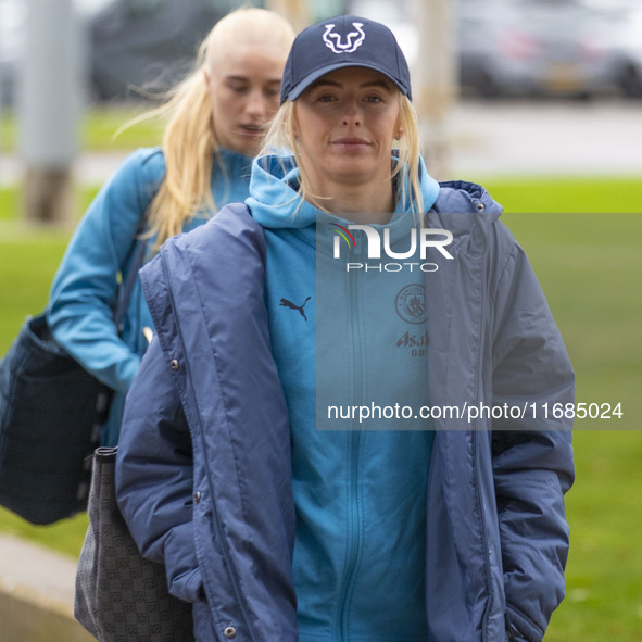 Chloe Kelly #9 of Manchester City W.F.C. arrives at the Joie Stadium in Manchester, England, on October 20, 2024, during the Barclays FA Wom...