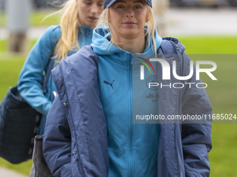 Chloe Kelly #9 of Manchester City W.F.C. arrives at the Joie Stadium in Manchester, England, on October 20, 2024, during the Barclays FA Wom...