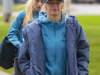 Chloe Kelly #9 of Manchester City W.F.C. arrives at the Joie Stadium in Manchester, England, on October 20, 2024, during the Barclays FA Wom...