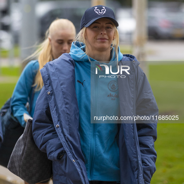 Chloe Kelly #9 of Manchester City W.F.C. arrives at the Joie Stadium in Manchester, England, on October 20, 2024, during the Barclays FA Wom...