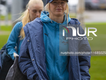 Chloe Kelly #9 of Manchester City W.F.C. arrives at the Joie Stadium in Manchester, England, on October 20, 2024, during the Barclays FA Wom...