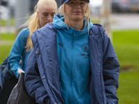 Chloe Kelly #9 of Manchester City W.F.C. arrives at the Joie Stadium in Manchester, England, on October 20, 2024, during the Barclays FA Wom...