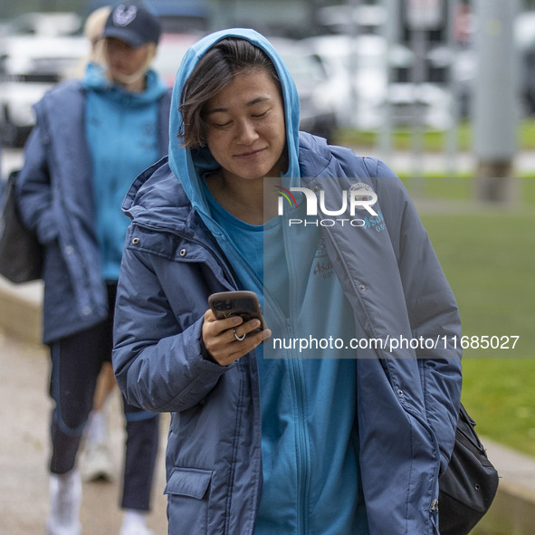 Ayaka Yamashita #31 (GK) of Manchester City W.F.C. arrives at the Joie Stadium during the Barclays FA Women's Super League match between Man...