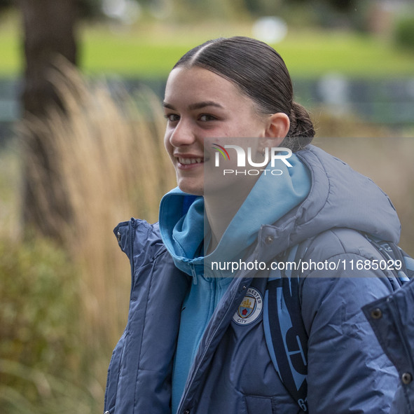 Lily Murphy #46 of Manchester City W.F.C. arrives at the Joie Stadium during the Barclays FA Women's Super League match between Manchester C...