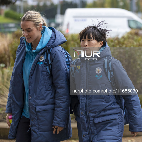 Jill Roord #10 of Manchester City W.F.C. and Aoba Fujino #20 of Manchester City W.F.C. arrive at the Joie Stadium during the Barclays FA Wom...