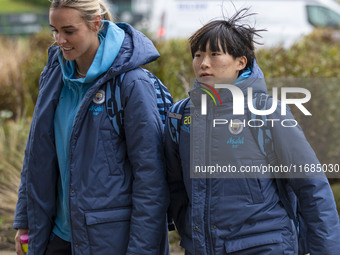 Jill Roord #10 of Manchester City W.F.C. and Aoba Fujino #20 of Manchester City W.F.C. arrive at the Joie Stadium during the Barclays FA Wom...