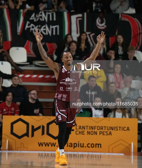 Justin Robinson of Trapani Shark plays during the LBA Italy Championship match between Openjobmetis Varese and Trapani Shark in Varese, Ital...