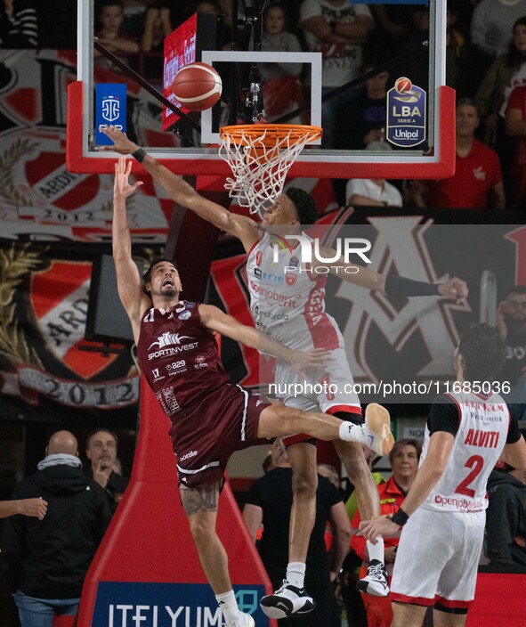 John Petrucelli of Trapani Shark and Kaodirichi Akobundu-Ehiogu of Openjobmetis Varese participate in the LBA Italy Championship match betwe...