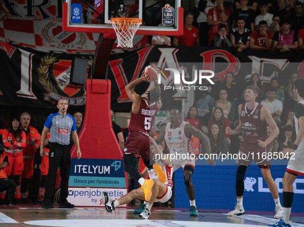 Justin Robinson of Trapani Shark plays during the LBA Italy Championship match between Openjobmetis Varese and Trapani Shark in Varese, Ital...