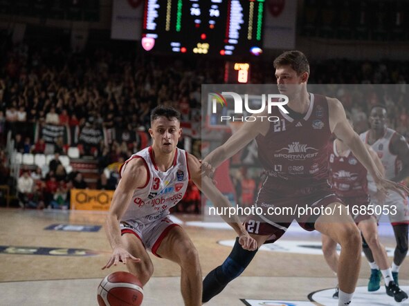 Matteo Librizzi of Openjobmetis Varese and Tibor Pleiss of Trapani Shark participate in the LBA Italy Championship match between Openjobmeti...