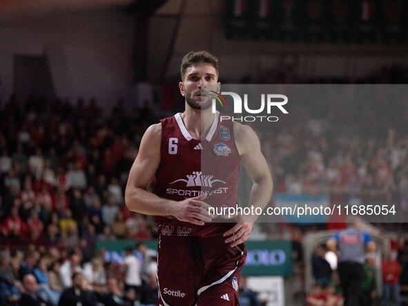 Riccardo Rossato of Trapani Shark plays during the LBA Italy Championship match between Openjobmetis Varese and Trapani Shark in Varese, Ita...