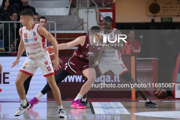 Amar Alibegovic of Trapani Shark and Gabe Brown of Openjobmetis Varese compete during the LBA Italy Championship match between Openjobmetis...