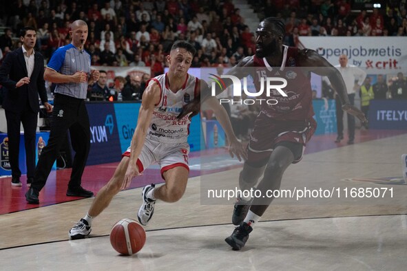 Matteo Librizzi of Openjobmetis Varese and Akwasi Yeboah of Trapani Shark participate in the LBA Italy Championship match between Openjobmet...