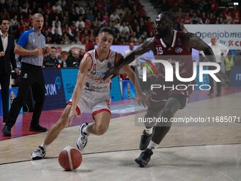 Matteo Librizzi of Openjobmetis Varese and Akwasi Yeboah of Trapani Shark participate in the LBA Italy Championship match between Openjobmet...