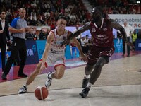 Matteo Librizzi of Openjobmetis Varese and Akwasi Yeboah of Trapani Shark participate in the LBA Italy Championship match between Openjobmet...