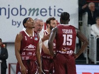 Head Coach Jasmin Repesa of Trapani Shark, Akwasi Yeboah of Trapani Shark, and JD Notae of Trapani Shark during the LBA Italy Championship m...