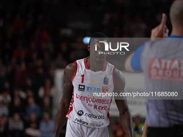 Jordan Harris plays for Openjobmetis Varese during the LBA Italy Championship match between Openjobmetis Varese and Trapani Shark in Varese,...