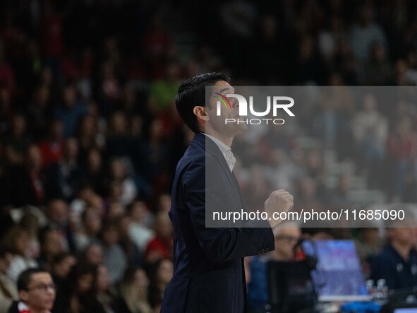 Head Coach Herman Mandole of Openjobmetis Varese participates in the LBA Italy Championship match between Openjobmetis Varese and Trapani Sh...